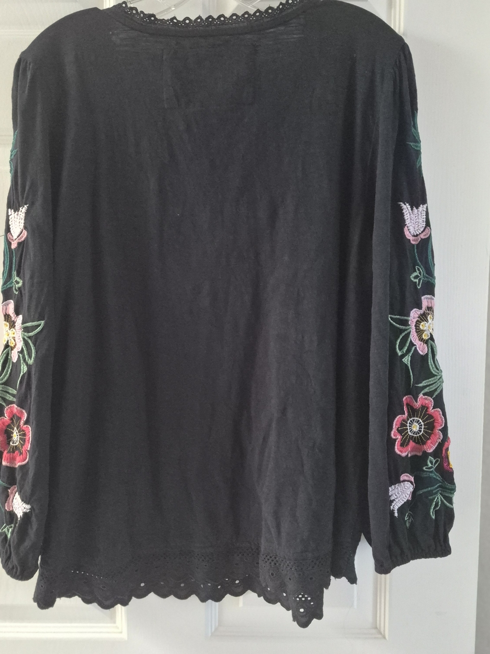 Anthropologie Black Peasant Blouse with Embroidered Floral Sleeves - Picture 5 of 7